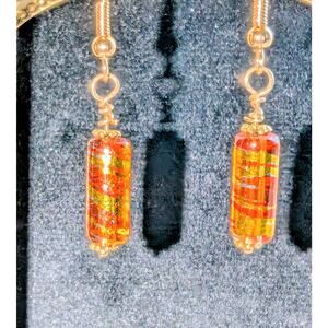Orange Amber Gold Art Glass Dangle Earrings